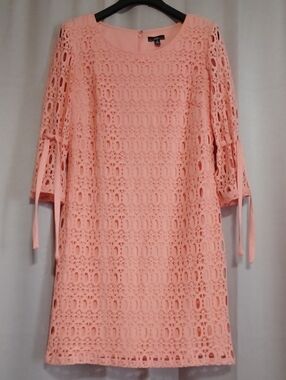 R&K Coral Eyelet Crochet Lace Shift Mini Dress Tie Sleeve Lined Size 12